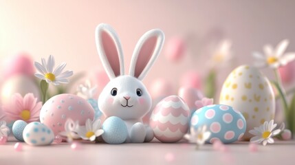 Obraz premium Adorable Easter Bunny Amidst Pastel Eggs and Blossoms