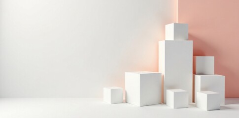 White cube boxes in random arrangement on a minimalist background, minimalist, geometric