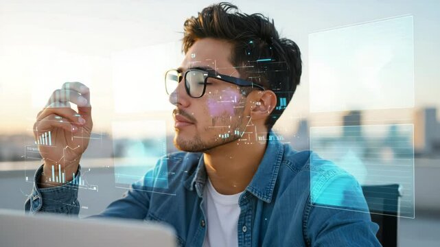 Digital Nomad Business, A light-skinned Latino man with freckles adjusting smart glasses while seated at a minimal rooftop workspace.
Graphs hover and swirl as he tilts his head. 