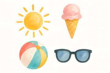 Watercolor Summer Icons Sun, Ice Cream, Ball, Sunglasses
