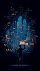 Fototapeta premium Vision of a digital future: A silhouette of a person stands before a glowing, futuristic cityscape composed of interconnected data streams and networks, representing the advancement of technology. 