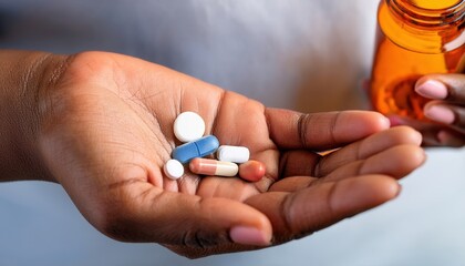 Close-up of a woman&rsquo;s cupped palm holding seven daily pills
