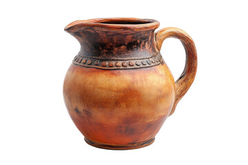 Rustic handcrafted clay jug warm tones isolated on black background on transparent background