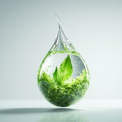save earth, nature conservation, earth day concept. Water droplet containing green leaves and bubbles in a minimalistic design.