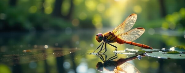 Dragonfly on water with blurred trees, foliage, dragonfly