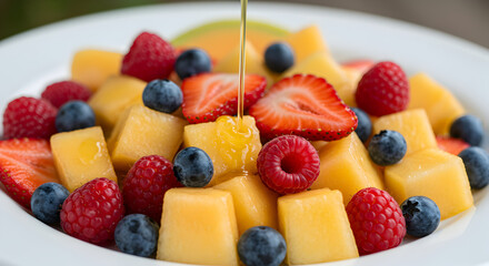 Obraz premium Healthy Fruit Salad with Fresh Berries and Sweet Drizzle in Bowl