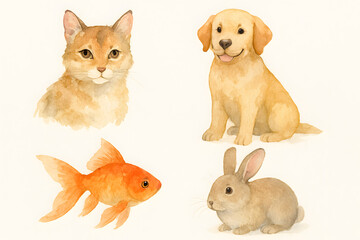 Obraz premium Watercolor Illustrations of Cat, Dog, Goldfish, and Rabbit