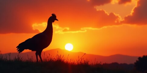 Fototapeta premium Fowl silhouette against sunset, bird, silhouette