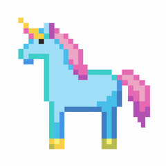 Obraz premium Colorful Pixel Art Unicorn with Rainbow Mane and Tail in Retro Style