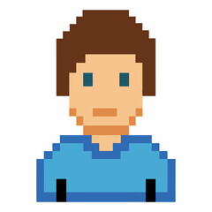 Pixel Art Portrait of a Brown Haired Person in a Blue Shirt