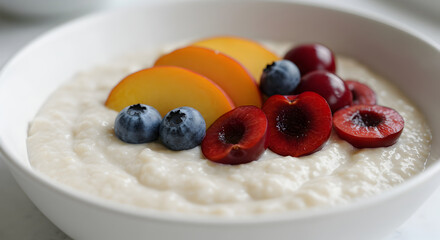 Bowl Of Creamy Rice Pudding Topped With Fresh Fruit Slices