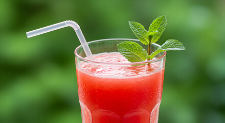 Refreshing Watermelon Smoothie Garnished With Fresh Mint Leaves Against Green Backdrop