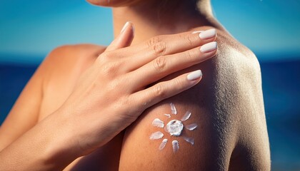 Hands rubbing sunscreen onto own shoulder