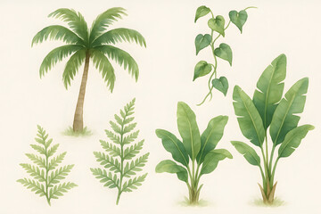Obraz premium Watercolor Illustration of Various Tropical Plants