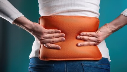 Hands applying heating pad to own lower back