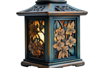 Elegant teal lantern with carved flowers glowing warmly perfect garden on transparent background