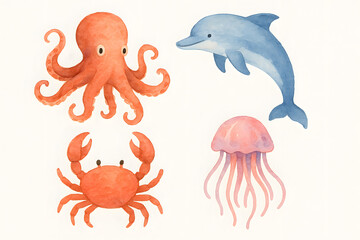 Fototapeta premium Watercolor Marine Animals Illustration for Kids