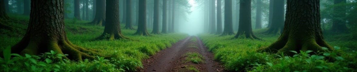 Fototapeta premium Overgrown fir forest path with moss-covered tree trunks and fog rolling in , trees, rustic