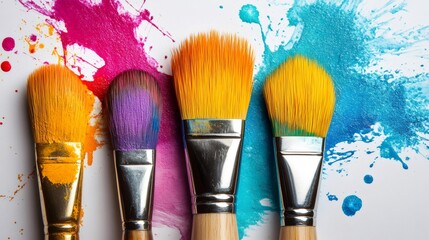 Fototapeta premium Paintbrushes creating colorful splashes on white background