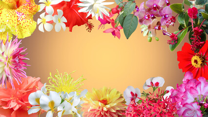 Summer background with tropical orchid flowers and green tropical palm leaves on light background. Flat lay, top view. Summer party backdrop