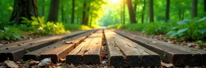 Fototapeta premium Weathered wooden plank on forest floor, floor, wooden planks, weathering