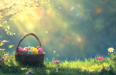 Easter Basket: Colorful Eggs in a Sunlit Spring Meadow