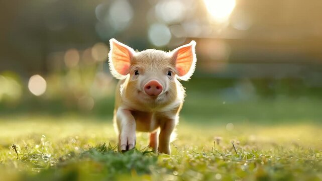 Funny little pink pig smiles, looks at camera, walks on meadow, green grass. Cute mini pig pet. Joyful piglet walks on field in village. Agriculture. Concept of vegan, vegetarian life, vegetarianism.