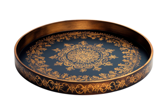 Elegant round wooden tray with ornate gold mandala design dark navy blue on transparent background - Powered by Adobe