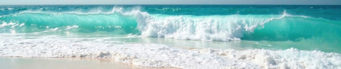Fototapeta premium Ocean waves crashing on white sandy beach with turquoise foam, water texture, turquoise foam