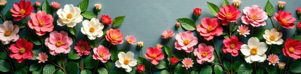 Fototapeta premium Artificial flowers wall in a vintage garden setting, vintage garden, artificial flowers