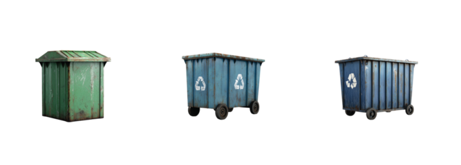 Various recycling bins for waste disposal and environmental conservation on display