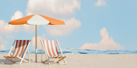 Beach relaxation with sun umbrella and chairs. 3d rendering