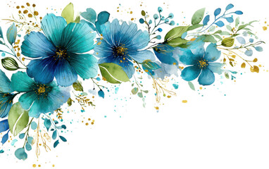 Watercolor Floral Burst: Delicate watercolor blossoms in vibrant shades of turquoise and teal dance across the frame, accented by verdant foliage and subtle gold flecks.