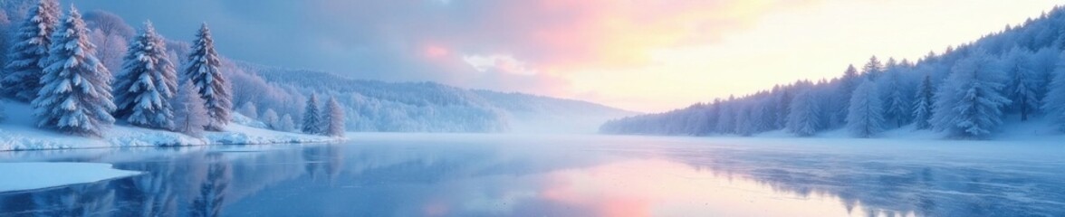 Fototapeta premium Icy landscape with snow-covered trees and a frozen lake , icy, winter