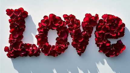 Red rose petals forming the word love on white background