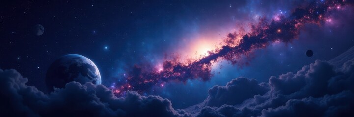 Fototapeta premium Dark vastness of the galaxy background with starry night sky and planets, stars, nebulae