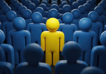 Bright yellow figure standing out among uniform blue crowd symbolizing uniqueness and leadership