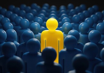 Bright yellow figure standing out among uniform blue crowd symbolizing uniqueness and leadership