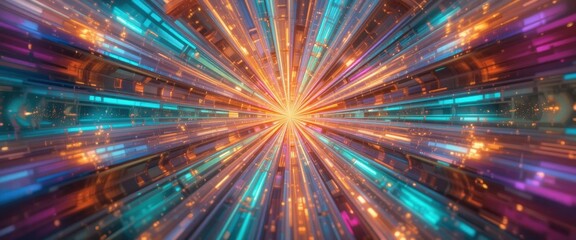 Naklejka premium A vibrant abstract background featuring dynamic, swirling lines in a spectrum of colors, interspersed with glowing lights that create a sense of depth and movement.