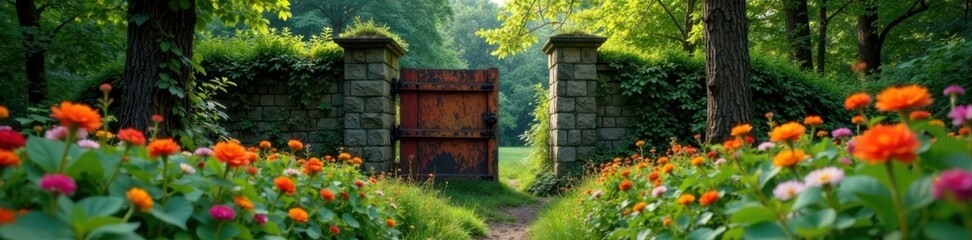 Fototapeta premium Rusted gate and overgrown flowers in the forest, gate, rusted