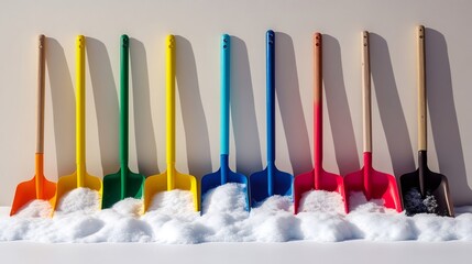 Colorful shovels scooping snow on white background representing winter fun