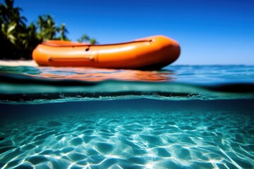 Orange inflatable boat floating on turquoise water, split view above and below the surface, clear water revealing sandy seabed.