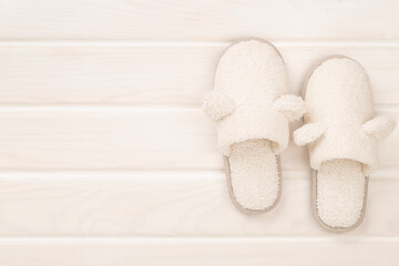 Soft teddy slippers on wooden background, top view