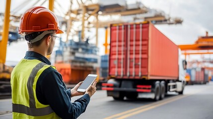 Worker using phone at port