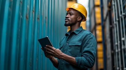 Worker using tablet in cargo area