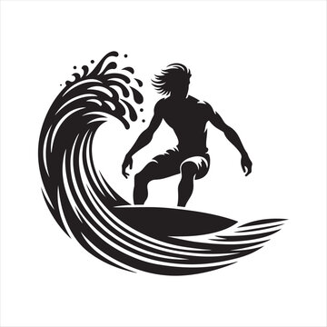 surfer on wave vector silhouette line art illustration