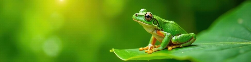 Naklejka premium Green frog perched on a leaf in sun, warm light, green frog, sunshine