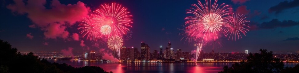 New Year countdown fireworks exploding in the air over a cityscape, holiday, celebration, cityscape