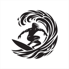 surfer on wave vector silhouette line art illustration