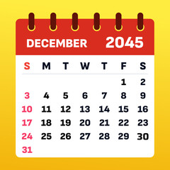 2045 December Calendar Layout. Vector Illustration of a December 2045 Planner. December 2045 Template. Flat design. Vector illustration